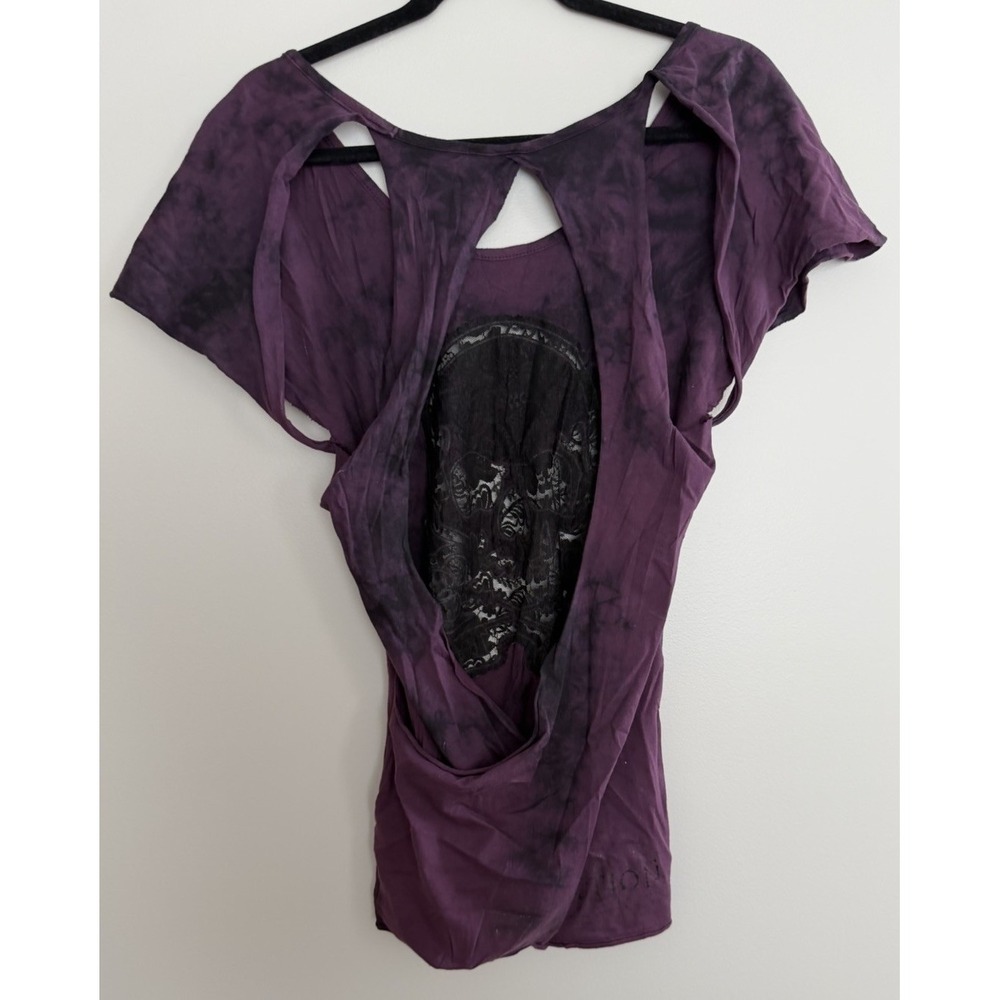 Affliction Belvedere Tie-Dye Shirt Open Back‎ Y2K Grung Purple Womens Size Small - Picture 2 of 10